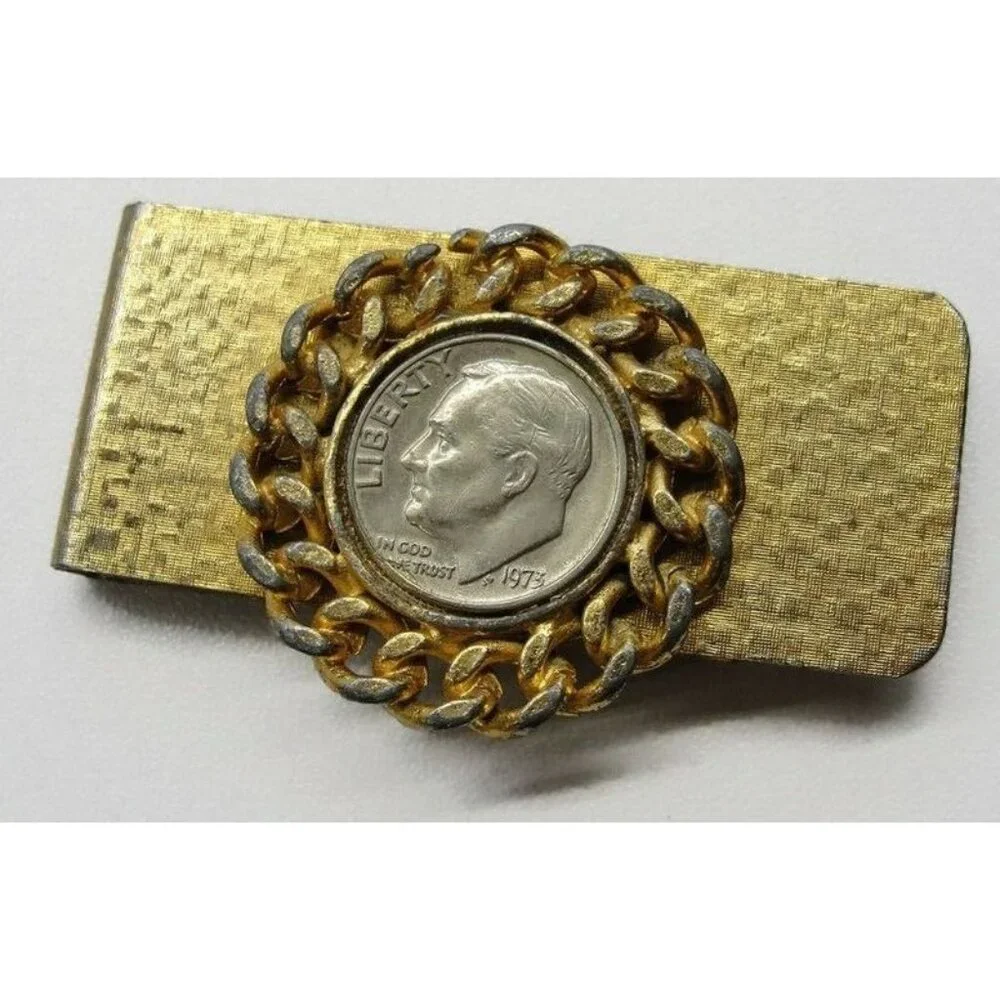 Money Clip Roosevelt Dime 1973 Gold Tone Credit Card Cash ID Holder